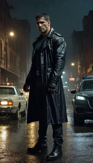 The Punisher, comic book DS, a sullen look, against the backdrop of a gloomy dark city, a long black raincoat, the clothes of a punisher, (a bulletproof vest), hands clenched into fists, ankle boots, leg holster, shabby clothes, you can see the lights from the flashing lights of police cars, (scar on nose), mad-sincity, 1940s, noir, rain, night, looking down, resolute, <lora:Sin_City_Movie_Style_SDXL:.5>