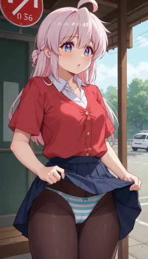 high quality, masterpiece, uhd, 2girls, small breasts, long white hair, ahoge, thicc, thigh gap, wide hips, large ass, oyama mahiro from onimai, ranma, saotome ranma, ranma hairstyle, ditz, bimbo, dumb, clueless, slut, school uniform, pantyhose, striped panties, upskirt, skirt flip, cameltoe, panties under pantyhose, windy day, rural japanese bus stop, , <lora:mahiro_xl_rev2:.5>, <lora:Oyama Mahiro XL V1:.5>, <lora:398313_training_data:.5>, <lora:Ranma21_V1-step00001500:.5>, <lora:skirt lift XL V2:.5>