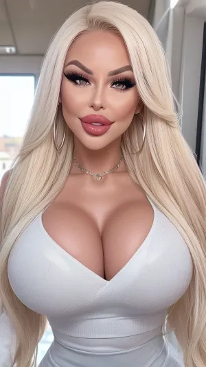 (best quality:1.1), young scandinavian fitnessmodel, busty young woman, Light smile, walking, sexy Makeup, long eyelashes, smokey eyes eyeshadow, intensive lightblonde hair, Very excited, gloss Skin, (bimbo aesthetic body), (medium_boltedontits:1.5), deep cleavage, tight lightblue jeans, white top, ((modern street Outfit)), beautiful symetrical face, (Botox filled lips:.8), (Bimbo duck lips:1.1), ((thick lips)), 8k, shiny intensive red lipgloss, detailed face, detailed eyes, gradient background, ((only upper body)), (in City Park), strong lighting, Insta, fakelips, huge, lip, filler, <lora:b262dbfdbd5b66cf3059e39b5791023c:.8>, <lora:fakelips:.5>, ButaAI, <lora:ButaAI:.5>