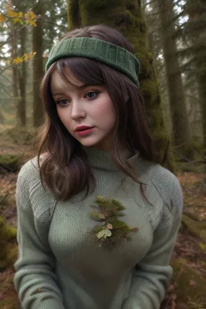 (young woman), close up, solo, masterpiece, best quality, ultra-detailed, illustration, impasto, painting, tree, shrub, moss, moss cover branches, nature, scenery, fallen leaves, pine tree, forest, pov, FO, <lora:Nice forest:.5>