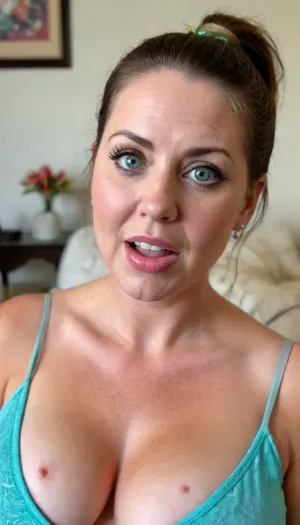 ((POV blowjob)), Mature very obese gilf, ((cum on her face)), (nude), (((chubby face:1.4))), (mature face), (75 years old), (tan lines), (detailed skin texture, skin imperfections), (age-appropriate skin condition, wrinkles, wrinkled skin, wrinkled face), ((teardrop shaped breasts)), ((stretch-marks on breasts)), (drooping sagging breasts), (age-appropriate breast), orgasmface, sagging, breasts, (big eyes:1.2), (green blue eyes), (brunette hair in a ponytail), very detailed face, blush, orgasm, (open mouth:1.4), (photo taken in living room), Super realistic, perfect lighting, (best shadow), 8K, UHD, clear image, (best lighting), highest quality, ultra-detailed images, fine details, high resolution, 8k, puffy, nipples, dark, ghost, wide, <lora:Nipples XL:.5>