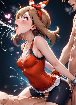 May from pokemon, ahegao, head thrown back, squirting, side view, cowgirl, cum on belly, cum on chest, cum in vagina, saliva, ultra detail, heart, convulsion, orgasm, 1girl, may_\, (pokemon\), collarbone, highres, eyelashes, red_shirt, bow_hairband, sleeveless_shirt, absurdres, bike_shorts, <lora:may_(pokemon):1>