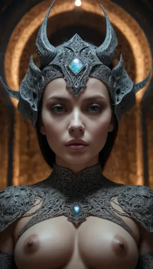 A dark, unsettling photo of a defiant woman’s visage, hidden behind an outlandish and cryptic mask, perched atop an ethereal guardian in an animated stance. Her head splits into five crevices, each fragment replicated into countless variations. Within each fissure, vortexes of fractals mingle with hallucinatory creatures, adorned with chessboard opal designs that create a recursive, disturbing effect. The enveloping void radiates a tranquil yet haunting atmosphere. Distressed geometric patterns form an enigmatic portal backdrop, dotted with fantastical elements. The scene is bathed in an extraterrestrial color palette, and her skin features elaborate grayscale textures, all brought to life with V-Ray rendering and stereoscopic light effects, enhancing the macabre ambiance., breasts, cutout, clothing, nipples, <lora:2BoutOvalSDXL2-000002:.5>, <lora:262372_training_data:.5>
