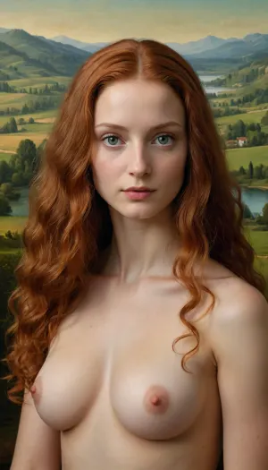 Leonardo da vinci Lona Lisa's painting, she is redhead long curly hair, green eyes, and naked, behind her the same landscape as in the painting of the Mona Lisa