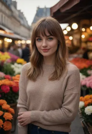 (masterpiece, best quality, highres, ultra-detailed), photorealistic, (cinematic lighting), (bokeh), (depth of field), (sharp focus), , (Her medium-length shoulder grazing voluminous hair is styled with soft layers in a loose wavy texture creating a relaxed and quirky look:1.3), (The hair features a blend of golden blonde tones with subtle dark highlights creating a soft dimensional look:1.2), (The bangs are a straight full fringe that slightly curves to frame the face and blends seamlessly with the rest of the hairstyle:1.4), a beautiful young woman with fair skin, bright blue eyes, delicate features, wearing a, (vintage oversized knitted sweater:1.2), in a cream color, (standing near a bustling outdoor flower market in Paris, France:1.4), she is, (playfully looking over her shoulder with a slight smile:1.3), the background is filled with colorful flowers, vendors, and blurred figures, soft morning light filters through the stalls, (creating a warm and inviting atmosphere:1.3), a shallow depth of field blurs the background further enhancing the focus on her., ZipRealism, <lora:sunnyrayyxo_v1_SDXLBase:.6>, <lora:MJ52_v2.0:.8>
