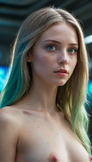 Something like e no Man's sky, shiny extraterrestrial 20y girl, green long hairs, naked, profile, Blue eyes