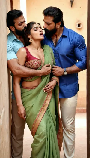 A beautiful girl clad in Saree being pushed against the wall by a two tall Bearded Handsome Muslim men named 'Afzal Khan' and 'Javed Pathan', Muslim man's hands are tightly wrapped around her throat, Pakistani Muslim bodybuilder Hunks kissing her passionately and biting her boobs, Girl enjoying the rough sex, photorealism