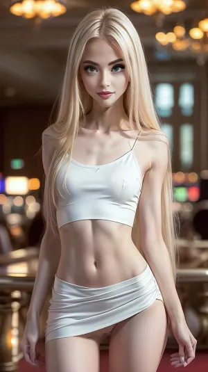 the whole girl visible in the frame, ultra realistic smart incredibly beautiful seductive face, young escort woman, super model, 18 years old, (very slim, anorexic figure), long very shapely legs, narrow waist, looks directly at the viewer, (in las vegas), (tight white top, micro skirt, long legs, perfect legs, no penties, sensual Seductive, big eyes, beautiful eyes:1.2), long blonde hair, (seduce, sexy, wants to fuck:1.1), (white skin. smile:1.1), in the casino, HDR photo, best quality, ultra-detailed, masterpiece, finely detail, highres, 8k wallpaper, photorealistic, perfect illumination, best shadow, best shot, soft lighting, <lora:weight_slider_v2:-1>, <lora:add_detail:.5>, skirtlift, <lora:skirtlift-v1:.5>