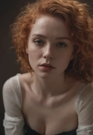 red-haired curly girl in stockings covered in cum