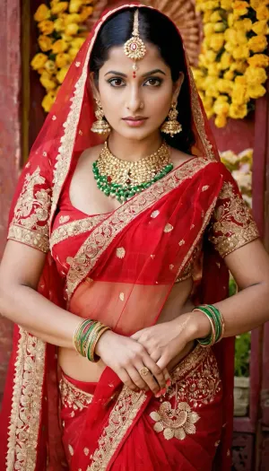 white skin beautiful atractive high society sexy Bengali hot 25yo wife, urban wife, medium large tight uplifted breasts, deep huge round bellybutton, wearing a red Banarashi saree with a red full sleev saree and a transparent red vail on head with full traditional bridal makeup, arms covered in mehendi, bangles on wrists, standing among a group of mascular labor class men in front of a small roadside temple wearing rose Garland