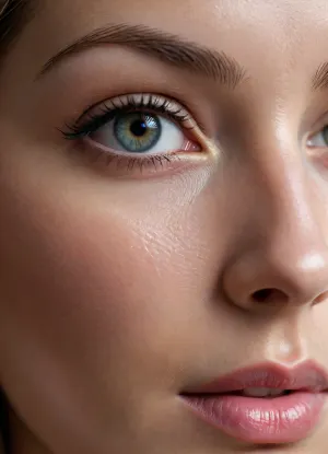 Create a hyper-realistic close-up of a human face, focusing on the skin's intricate natural details. The skin should appear smooth and flawless with visible pores, fine hairs, hair follicles, sweat glands, and subtle veins beneath the surface. Emphasize creases, folds, and skin flaps around the eyes, nose, mouth, and jawline. The lighting should accentuate the fine textures and natural topography of the skin, highlighting its realistic depth and variations. The skin should have a natural, even tone, free from scars, birthmarks, moles, wrinkles, or oil, , Highest quality, highest details, highest data, highest resolution, highest megapixel, highest capacity