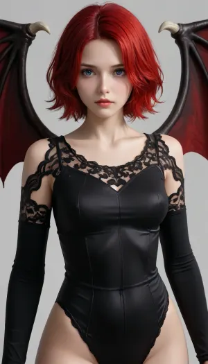 young woman with pale skin and fiery red hair, has huge red bat wings, wearing a black lace full bodysuit, hips and up portrait, blank background, has wings