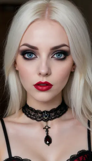 (An enrapturing portrait of a stunningly beautiful goth girl:1.4), (focus on eyes, intense expression, unnerving, eerie, inescapable eye contact, demanding presence:1.5), (long, straight white hair cascading over her shoulders, contrasting with her dark makeup), (soulless pale blue eyes, pale creamy porcelain skin, creamy skin texture, chiselled cheekbones, strong jawline, defined jawline, elegant neck, subtle vellus hairs), (goth makeup, smoky eye shadow, heavy mascara, winged eyeliner, long eyelashes, immaculate eyebrows, blood red lipstick, wet lip look, glistening lips), (predatory smirk, leering at viewer with contempt), (wearing a black lace corset, black choker with a blood red ruby), ZipRealism