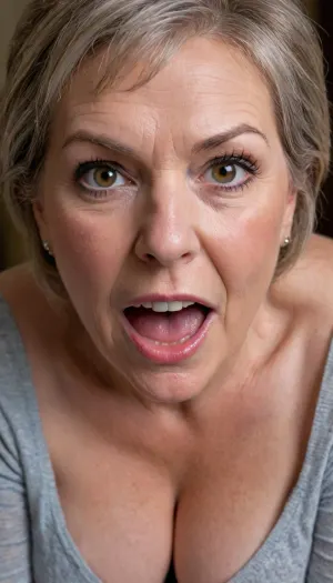Fat mature woman, granny, (gilf:1.4), long brown hair, (open mouth), (detailed skin texture, skin imperfections), (age-appropriate skin condition, wrinkles, wrinkled skin, wrinkled face), (expressive eyes, striking eyes, captivating eyes, mesmerizing eyes), highres, extremely detailed, 8k photo, best quality, beautiful lighting, natural light, realistic, erotic, photorealistic, photo, photography, detailed, in focus, UHD 8k focus stacking, downblouse, nipslip, <lora:RealDownblouseXL2:.5>