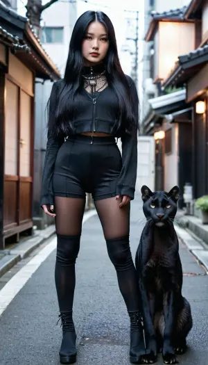 (Young Japanese girl with long black hair), (standing next to a black puma on the streets of Tokyo), (wearing black Dolls kill Outfit), (ultra details, high definition photo, 4k, highres), <lora:SDXLHighDetail_v5:.5>, 4ng3l, face, <lora:SDXL_BetterFaces-LoRA_v1:.5>, <lora:chest_adjust:.8>, <lora:xl_more_art-full_v1:.5>, Dollskill, <lora:Dollskill_Downbeat_Spiked:.5>
