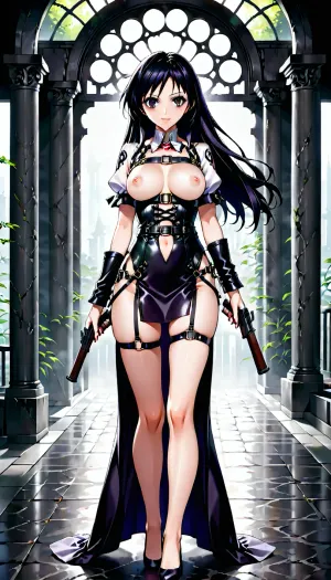 woman, very long black hair, full body, black straps, 18, smokey eye, alluring, vampire, assassin, shotgun, grinning, tattoo, <lora:MeMaV3_ill:.5>, <lora:aesthetic_anime_v1s:.5>, Shinguji, Sakura, Kanzaki, Sumire, Maria, Tachibana, Iris, Chateaubriand, Soletta, Orihime, lee, kohran, Erica, Fontaine, Coquelicot, Kitaoji, Hanabi, Gemini, Sunrise, <lora:Sakura Wars_XL_V2.1:.5>, breasts, cutout, clothing, nipples, <lora:2BoutOvalSDXL2-000002:.5>, wrapped, in, leather, straps, harnesses, and, garters, harness, naitaopidai, <lora:naitaopidai_XL_reg0_:.5>