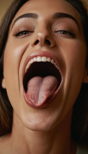 Woman, proudly showing her large mouth, realistic photo, masterpiece, soft light, soft tones, perfectly exposed photo