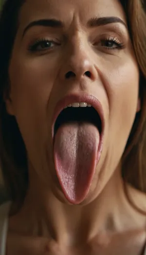 Woman, proudly showing her long tongue, realistic photo, masterpiece, soft light, soft tones, perfectly exposed photo