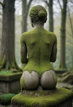 in city, an ancient stone female statue covered with few moss, back view