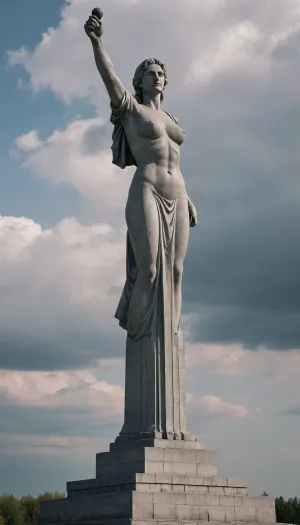 grey scacle, Soviet city, massive thick cloudsб soviet stone half-naked motherland monument, shadows