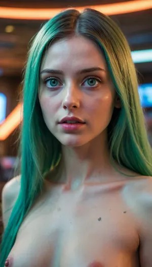 Something like e no Man's sky, shiny extraterrestrial 20y girl, green long hairs, naked, Blue eyes, starship interier