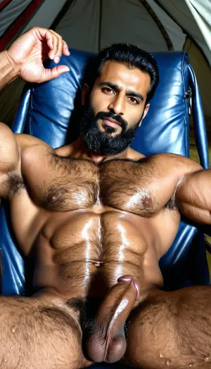 ('Javed Pathan' and 'Afzal Khan' are best friends, Both are Naked), Very ruggedly handsome Big Muscular Indian Muslim bodybuilders proudly showing their Big Cock in the tent makeshift bed, (Handsome and Hot Muslim hunks with very long beard), dark and rough Muslim men, (40 year old, Muslim, tall muscled Arab Indian dark male, rough, dominant, daddy, (hairy armpits and Chest), bodybuilder, enormous thick long dark cock, perfect fingers, oily Sweaty body, small black grey hair slicked back, dilf, Big seductive eyes, Wet body), (big black circumcised penis with big testicles), (rain drops), ultra sharp high definition details, pubic hair, professional photography, sharp focus, 4k high definition, insanely detailed, RAW photo, HDR, hyper-realistic, cinematic lighting, photo realism, darkness, (Full body reclined in Chair), Big, cock, <lora:xpenis-1.5e:.5>, <lora:pein:.5>