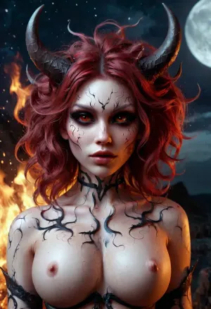 three-quarter turn, upper body view, (focus on tits), (tits close-up:1.2), young beautiful devil succubus horned demon girl, red skin, (naked), very tousled hair, very shaggy hair, dirty tangled jet red hair, gigantic big breasts, skinny, black and white face painting, choker, (dark, night:1.3), fire, (highly detailed face:1.3), <lora:WB2.2:.5>, <lora:DonMD3m0nXL-000010:.5>, <lora:EnvyInfernalXL01:.5>, <lora:204106_training_data:.5>, <lora:CuteLora:.5>, <lora:FaeStyle:.5>, <lora:bombshell_v2:.5>