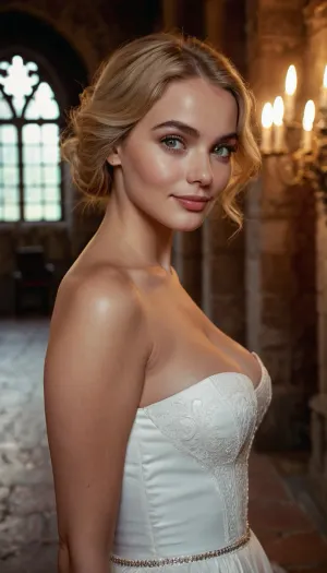 UltraRealistic photography, side view, full body shot, in a historical castle, 18 years old woman, big sized boobs, tight boobs, wearing a white dress, high heels, square face form, evil smile, droopy eyes, glossy eyes, eyeliner, perfect makeup, red cheeks, slender body, messy short blonde hair, snub nose, view to viewer, symmetrical eyes, sharp focus, blurry background, highly detailed face, highly detailed lips, highly detailed eyes, highly detailed iris, dslr, skin pores, ultra high quality