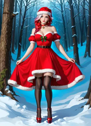 Santa's sexiest granddaughter, a stunningly beautiful girl with flawless porcelain skin, sparkling emerald eyes and long flowing crimson hair with subtle silver highlights, is dressed in a festive yet provocative outfit inspired by Santa's traditional red and white colors, a short velvet dress with fur trim combined with thigh-length black stockings and shiny red heeled shoes. She poses confidently in a snowy winter forest, surrounded by glowing Christmas lights and softly falling snowflakes. The atmosphere is magical and seductive, with warm golden lighting accentuating her features. Highly detailed, cinematic composition, ultra-realistic textures, vibrant colors, dramatic shadows and a hint of holiday charm.