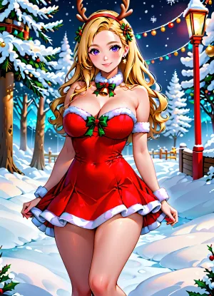modern art noir style image, Sexy and stylish granddaughter of Santa Claus, dressed in a revealing red costume, with long blonde hair and a bright smile, standing against a snowy winter landscape with northern lights. The granddaughter should exude confidence and charm, as if she were ready for a photo shoot for a fashion magazine. Include elements in the image that reference a Christmas theme, such as tree ornaments, snowflakes or reindeer, but make them part of a modern and trendy design. The color scheme should be bright and eye-catching, with an emphasis on red and white, but also include shades of blue and purple to create contrast and depth. The image should be high resolution and detailed, with crisp lines and textures that make it look almost realistic.