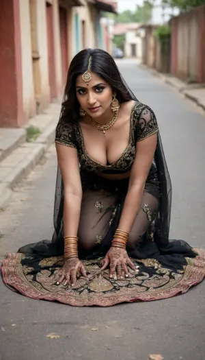 Full body, Beautiful busty Indian Desi bride, wearing black transparent wedding dress, crawling on the village street on both hands and feet, showing her huge clevage on her wedding day, body covered with mehndi, (henna)