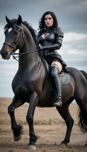 beautiful sexy thick 30 year old goth woman, medium black wavy hair, all black revealing fantasy armor, shows leg, shows breast, breast out, riding a black horse