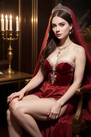 16th century, woman, 25 year old, wearing royal red velvet dress, proud, unwearing, veil on hair, diadem with pearl, chapel background, sapphire and diamonds necklace, brown detailed eyes, pearl earring, lace shirt, sitting 3/4 view, very slight smile, show a nipple, perfect face, perfect body, perfect hand, chiaroscuro, candle, upskirt