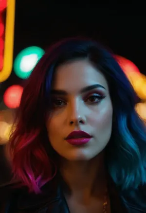 (avant-garde snapshot aesthetic, deep saturation, shadowy vignetting, light leaks, film grain, bokeh:1.4), (night time carnival neon lights:1.3), rainbow eyeshadow, vibrant lipstick, vibrant rainbow dyed hair, perfecteyes, <lora:PerfectEyesXL:.4>, sunnyrayyxo, <lora:sunnyrayyxo_v1_SDXLBase:.4>