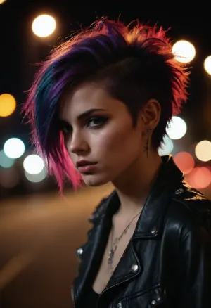 avant-garde snapshot aesthetic, deep saturation, shadowy vignetting, light leaks, film grain, bokeh, night, vibrant punk rock hair

ZipRealism
