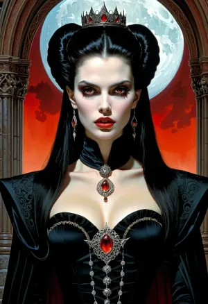 a woman Looks like a vampire queen, (((Dracula's daughter, two long sharp fangs))), an airbrush painting, by Luis Royo, michael whelan and karol bak, (((vampire queen with red eyes))), symmetrical epic fantasy art, art style hr giger and beksinski, fantasy skull, boris vallejo and tom bagshaw, cute face. dark fantasy, colorful, high detail, impeccable image quality, ultrarealism, Ivan, Bilibin, Style, page, <lora:Ivan Bilibin Style:.5>
