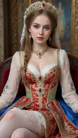 Portrait of a Russian beauty in national costume, lace filigree of bright, rich color. Super clear, highly detailed watercolor, glaze technique, plus colored alcohol ink, style of V. Vasnetsov, spread legs, cum on pussy