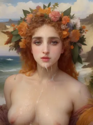 masterpiece, art, William-Adolphe Bouguereau, Alexandre Cabanel, Herbert James Draper, painting, 19th century, louvre, (ultra detailed face:1.4), 8k, (aphrodite:1), (greek_goddess:1), blowjob, penis in mouth, ancient greece, orange hair, mascara, heavy makeup, (tons of cum:1.4), bukkake, facial, cum, breasts, stomach, covered, in, flower crown, perfect, ocean, beach, oil painting, <lora:facialized:1.3>, <lora:bouguereau-01:.5>