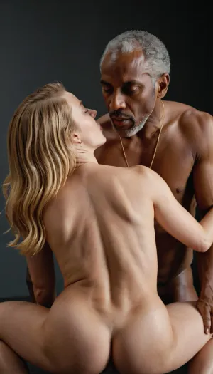 An old black man is having missionary sex with a young white woman while the white woman's hands are holding his butt, pulling the man closer to her for better penetration. Both the man and the woman are naked, with the man's body slightly angled toward the woman. the background is a plain grey color. the overall mood of the image is sensual and intimate. Girl's hair is Long, blonde, and slightly wavy. The Girl's eyes are Blue., dvd, blacked, cover, blackedwear, ass, breasts, licking, each, other's, tongues, other, on, the, lips, mssncomx, penet, blacked_blowjob, sucking, cock, <lora:BBCBJ:.5>