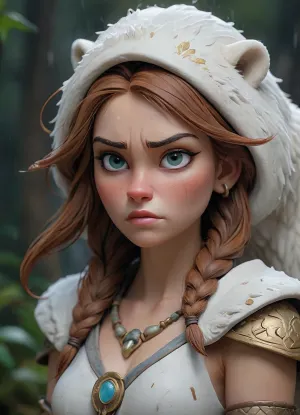 An intricately detailed, fierce female warrior adorned in white war paint, her solemn expression reflecting strength and resilience. Her head faces inward toward a majestic white and gold polar bear, their eyes both closed in a powerful, emotional scene. The pouring rain adds texture, blending with her messy hair and rough paint strokes. The scene is drenched in white, gold, blue, light blue, green, and brown hues, casting dramatic light and shadow. The deep colors and rough textures emphasize their unbreakable bond, with every detail meticulously rendered in a matte painting, moody, forest, <lora:363711_training_data:.5>, <lora:Samaritan 3d Cartoon SDXL:.5>