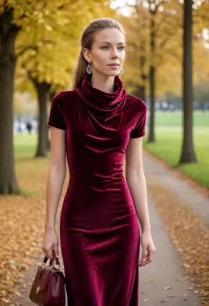 (photo taken in perfect spring landscape, sunhine, public city ​​park:1.5), photo shows complete Person, complete body, walking pose, view from behind, dynamic, realistic, perfect lighting, (best shadows), 8K, UHD, clear image, (best lighting), best quality, ultra detail, fine detail, high resolution, 8k wallpaper, masterpiece, one female, (European Swedish mom 30 years old:1.7), ((skinny with very small breasts, perky tits, big areolas, big hard nipples:1.4)), (((skinny, small, petite, height 175 cm, long perfect legs, perfect round ass, autumn narrow waist, wide hips, smaller tits, flat, chested:1.5))), (detailed green eyes, short red hair, shoulder length hair, tied in a braid at the back, individual hair strands in face:.8), (very detailed face, beautiful, light freckles, tanned skin, full lips), ((wearing a detailed shimmering, comfort fitting burgundy velvet cowl neck long dress, short sleeves:1.5), (detailed high sneekers, detailed designer handbag, big earrings:1.5)), <lora:Sideboob_XL:.5>