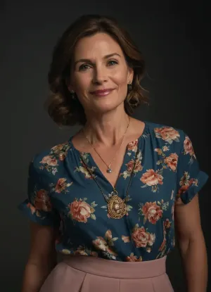 Full body shot, 48 year old woman, warm and nurturing presence, average height, gently curvy mature body, gentle face, inviting face, soft features, laugh lines, shoulder-length wavy chestnut brown hair, pulled back into a low bun, blue eyes, fair complexion with natural rosy glow, minimal makeup, warm smile, pastel-colored blouse with floral patterns, grey knee-length skirts, locket necklace, slender bracelet, small stud earrings