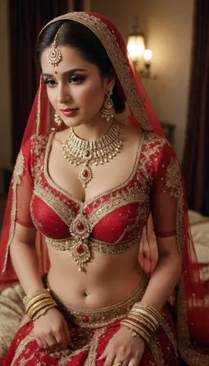 Full body, Beautiful busty pakistani bride, wearing red bridal dress, body covered with heavy jewellery writing, (slut written on her forehead)