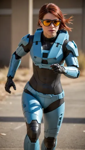 rvb, agent, Carolina, Female, without helmet, Sunglasses, Running, full height, <lora:agent_carolina_xl_v1:.5>