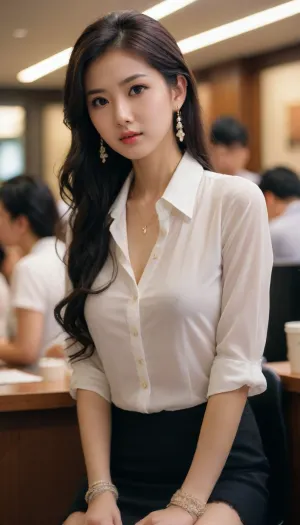 Korean, Japanese, exquisite earrings, exquisite necklace, exquisite bracelet, close-up, no makeup, sexual tension, front view, light makeup, lace bra showing, 45° angle view, mature woman, married woman, top buttons of shirt unbuttoned, open collar, brand name on chest, bank clerk, sitting behind the counter, white shirt, suit jacket, black short skirt, large breasts, C cup, narrow face, Asian, long black hair, (((small face))), 25 years old, model, makeup, cute, attractive, petite, snub nose, thigh-high stockings, (long hair:1.2), in a soft, (looks at me:1.6), (((skinny))), (big eyes), ysn, <lora:xl_ysn_0906_v1:.5>
