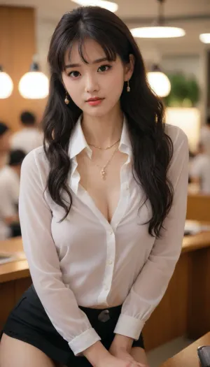 Intellectual woman, exquisite appearance, gentle, Japanese, exquisite earrings, exquisite necklace, exquisite bracelet, close-up, no makeup, sexual tension, front view, light makeup, lace bra exposed, 45° angle Bank, intellectual woman, 45° angle view, mature woman, married woman, unbuttoning the top few buttons of the shirt, open collar, brand name on the chest, bank clerk, sitting behind the counter, white shirt, suit jacket, black short skirt, large breasts, C cup, narrow face, Asian, long black hair, (((small face))), 25 years old, model, makeup, cute, attractive, petite, snub nose, thigh-high stockings, (long hair:1.2), in a soft, (looks at me:1.6), (((skinny))), (big eyes), ysn, <lora:xl_ysn_0906_v1:.5>, Saika, <lora:Saika_SDXL_2_reg_:.5>, majicmix_style, <lora:beautiful_girl_ver1.1:.5>