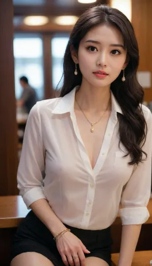 Intellectual woman, exquisite appearance, gentle, Japanese, exquisite earrings, exquisite necklace, exquisite bracelet, close-up, no makeup, sexual tension, front view, light makeup, lace bra exposed, 45° angle Bank, intellectual woman, 45° angle view, mature woman, married woman, unbuttoning the top few buttons of the shirt, open collar, brand name on the chest, bank clerk, sitting behind the counter, white shirt, suit jacket, black short skirt, large breasts, C cup, narrow face, Asian, long black hair, (((small face))), 25 years old, model, makeup, cute, attractive, petite, snub nose, thigh-high stockings, (long hair:1.2), in a soft, (looks at me:1.6), (((skinny))), (big eyes), ysn, <lora:xl_ysn_0906_v1:.5>, Saika, <lora:Saika_SDXL_2_reg_:.5>, majicmix_style, <lora:beautiful_girl_ver1.1:.5>
