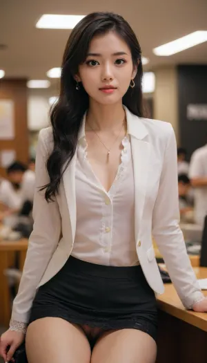 Bank, intellectual woman, exquisite appearance, gentle, Japanese, exquisite earrings, exquisite necklace, exquisite bracelet on left hand, close-up, no makeup, sexual tension, front view, light makeup, lace bra exposed at neckline, 45° downward view, mature woman, married woman, unbuttoning the top few buttons of shirt, open neckline, brand name on chest, bank clerk, sitting behind the counter, white shirt, suit jacket, black short skirt, large breasts, C cup, narrow face, Asian, long black hair, (((small face))), 25 years old, model, makeup, cute, attractive, petite, snub nose, thigh-high stockings, (long hair:1.2), in a soft, (looks at me:1.6), (((skinny))), (big eyes), ysn, <lora:xl_ysn_0906_v1:.5>, Saika, <lora:Saika_SDXL_2_reg_:.5>, majicmix_style, <lora:beautiful_girl_ver1.1:.5>