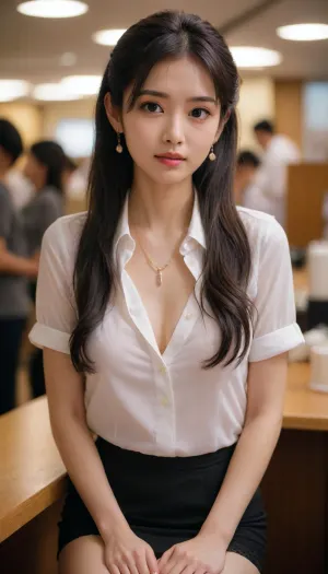 (((Bank))), intellectual woman, exquisite appearance, gentle, Japanese, exquisite earrings, exquisite necklace, exquisite bracelet on left hand, close-up, no makeup, sexual tension, front view, light makeup, lace bra exposed at neckline, 45° downward view, mature woman, married woman, unbuttoning the top few buttons of shirt, open neckline, brand name on chest, bank clerk, sitting behind the counter, white shirt, suit jacket, black short skirt, large breasts, C cup, narrow face, Asian, long black hair, (((small face))), 25 years old, model, makeup, cute, attractive, petite, snub nose, thigh-high stockings, (long hair:1.2), in a soft, (looks at me:1.6), (((skinny))), (big eyes), ysn, <lora:xl_ysn_0906_v1:.5>, Saika, <lora:Saika_SDXL_2_reg_:.5>, majicmix_style, <lora:beautiful_girl_ver1.1:.5>
