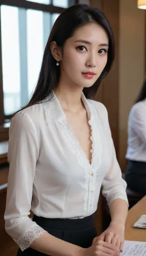 Korean, Japanese, Chinese, Exquisite earrings and necklace, close-up, no makeup, sexual tension, front view, light makeup, lace bra exposed, 45° angle view, mature woman, married woman, top buttons of shirt unbuttoned, collar open, brand name on chest, bank clerk, sitting behind the counter window, white shirt, suit jacket, black short skirt, large breasts, C cup, narrow face, Asian, long black hair, (((small face))), 25 years old, model, makeup, cute, attractive, petite, snub nose, thigh-high stockings, (long hair:1.2), in a soft, (side view:1.5), (looks at me:1.6), (((skinny))), (big eyes)